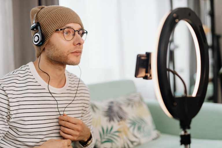 A man wearing a knitted cap and headphones records video with a ring light indoors, using a smartphone.
