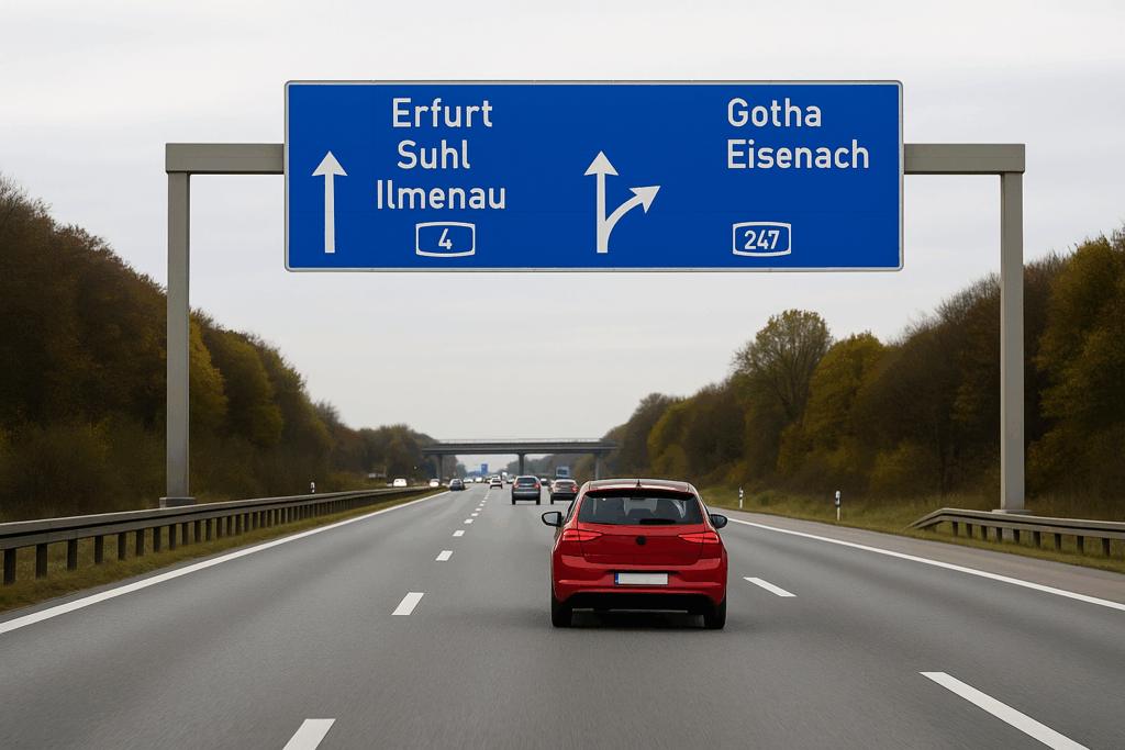Autobahn mit Richtungsschildern zu Erfurt, Suhl, Ilmenau, Gotha und Eisenach bei bewölktem Himmel
